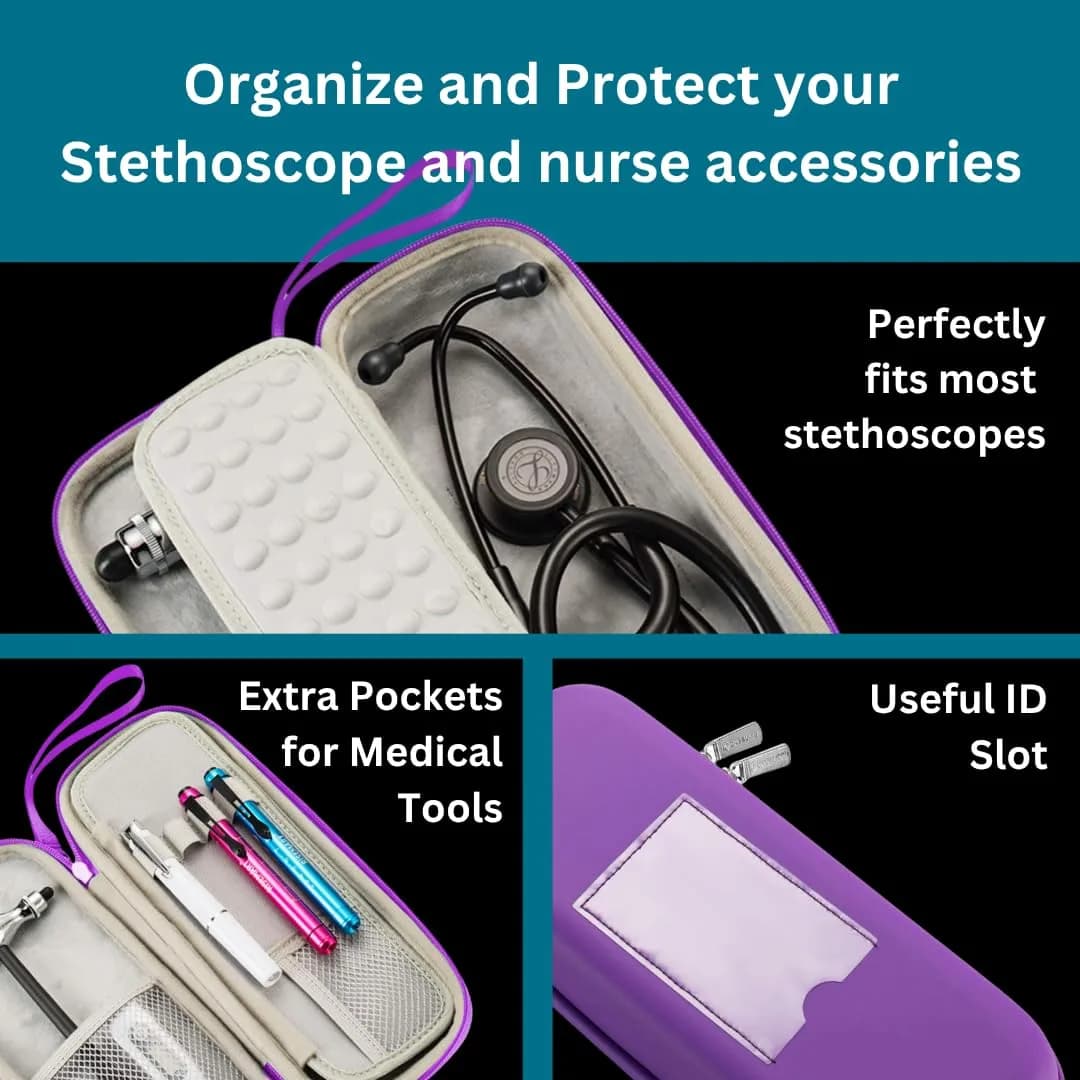 caseling Purple Pu Leather Stethoscope Case with ID Slot & Pockets | Fits 3M Littmann & MDF | Hard EVA Holder for Nurses - view 4