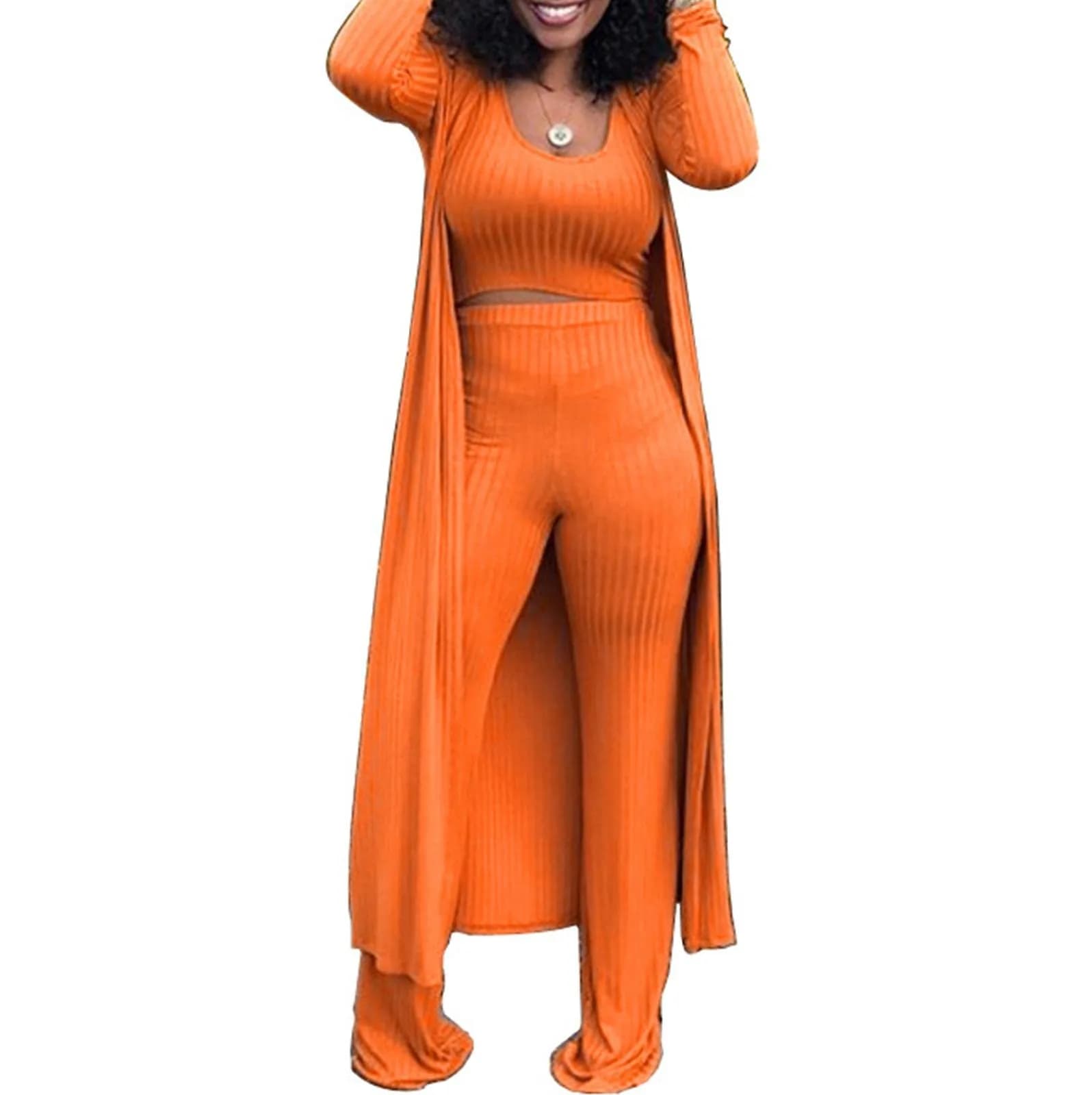 HANMAX Women's Tracksuit Set in Orange | Long Sleeve Blazer & Wide Leg Pants for Winter
