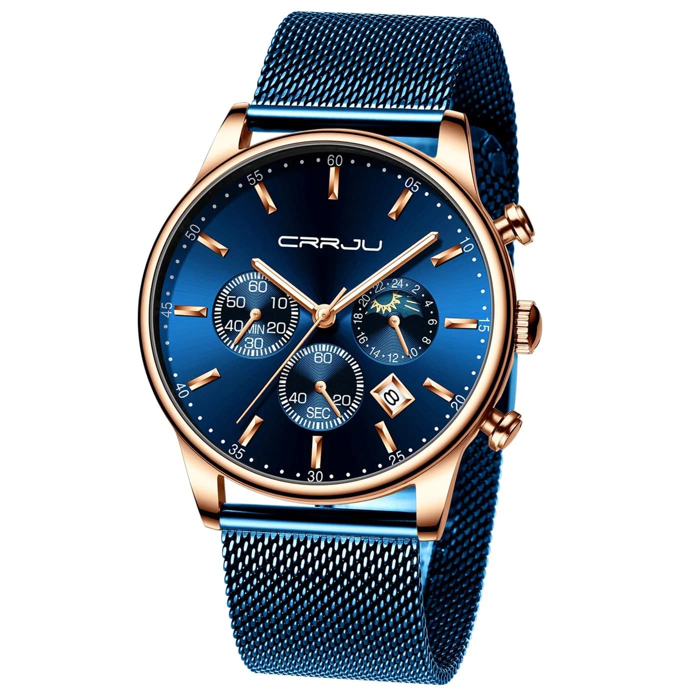 CRRJU Men's Blue Date Quartz Watch 42mm | Waterproof Casual Stainless Steel Mesh Strap — A blue blue
