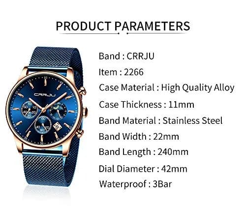 CRRJU Men's Blue Date Quartz Watch 42mm | Waterproof Casual Stainless Steel Mesh Strap thumbnail 6