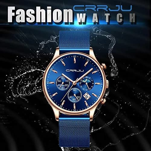 CRRJU Men's Blue Date Quartz Watch 42mm | Waterproof Casual Stainless Steel Mesh Strap thumbnail 8