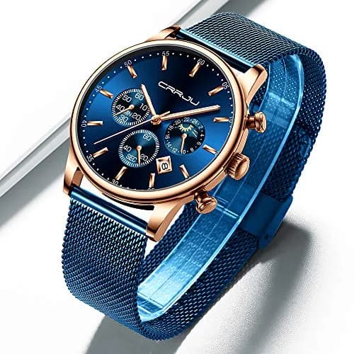 CRRJU Men's Blue Date Quartz Watch 42mm | Waterproof Casual Stainless Steel Mesh Strap thumbnail 3