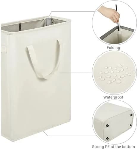 ZERO JET LAG Narrow Laundry Hamper 21" | Space-Saving Foldable Beige Laundry Basket thumbnail 7
