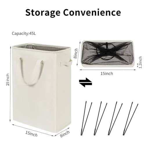ZERO JET LAG Narrow Laundry Hamper 21" | Space-Saving Foldable Beige Laundry Basket thumbnail 2