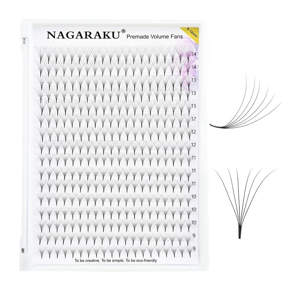 NAGARAKU Premade Fans Eyelash Extensions 11mm | 6D Volume, C & D Curl, Fluffy Matte Black, 320 Fans — 6D-0.07-C (320 Fans)