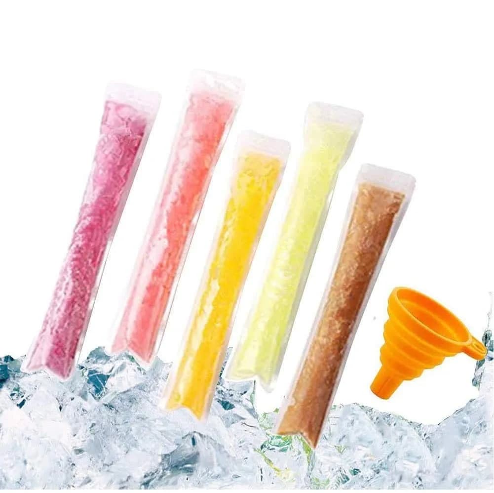 FEBSNOW 200Pcs Ice Pop Mold Bags with Funnel, 27.94cm (11") x 5.08cm (2") | BPA Free Reusable Zip Seals — 11"x2"