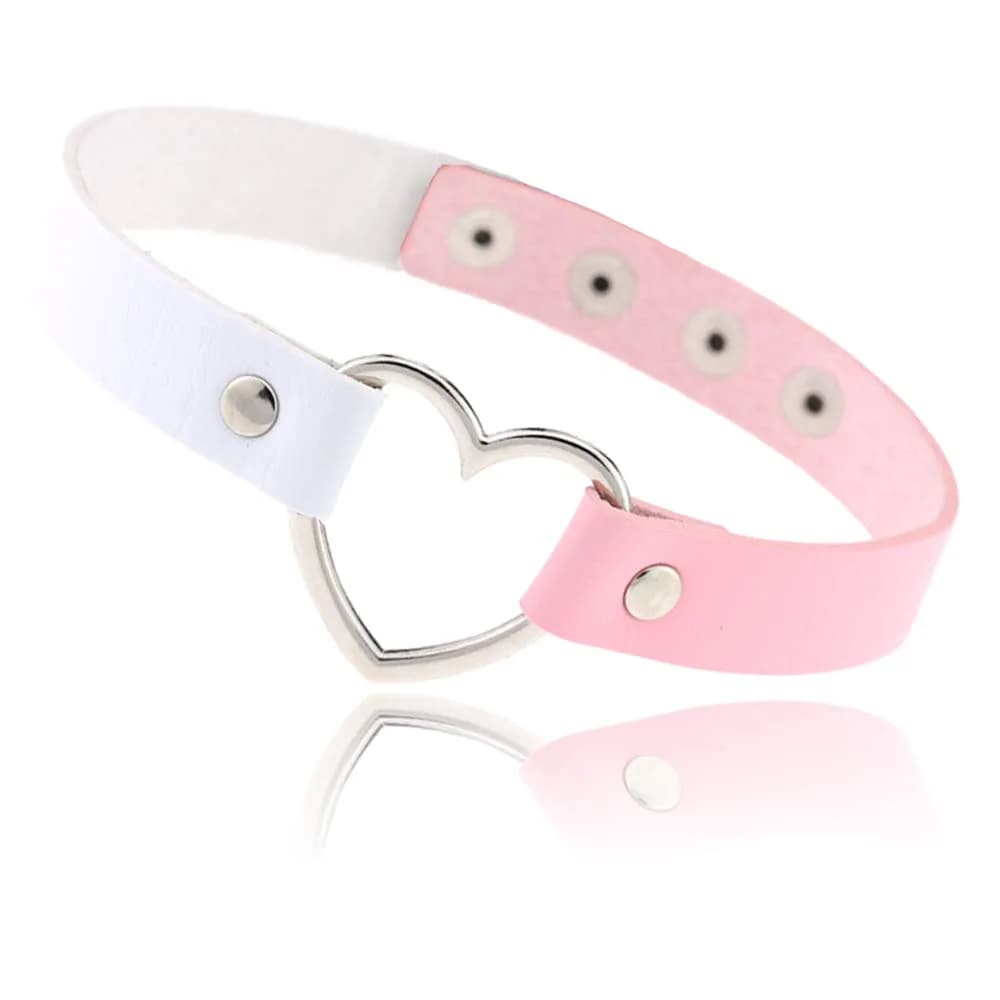 ETHOON Love Heart PU Leather Choker Necklace Pink | 40 cm (15.7") Adjustable — Heart-WhitePink-Regular