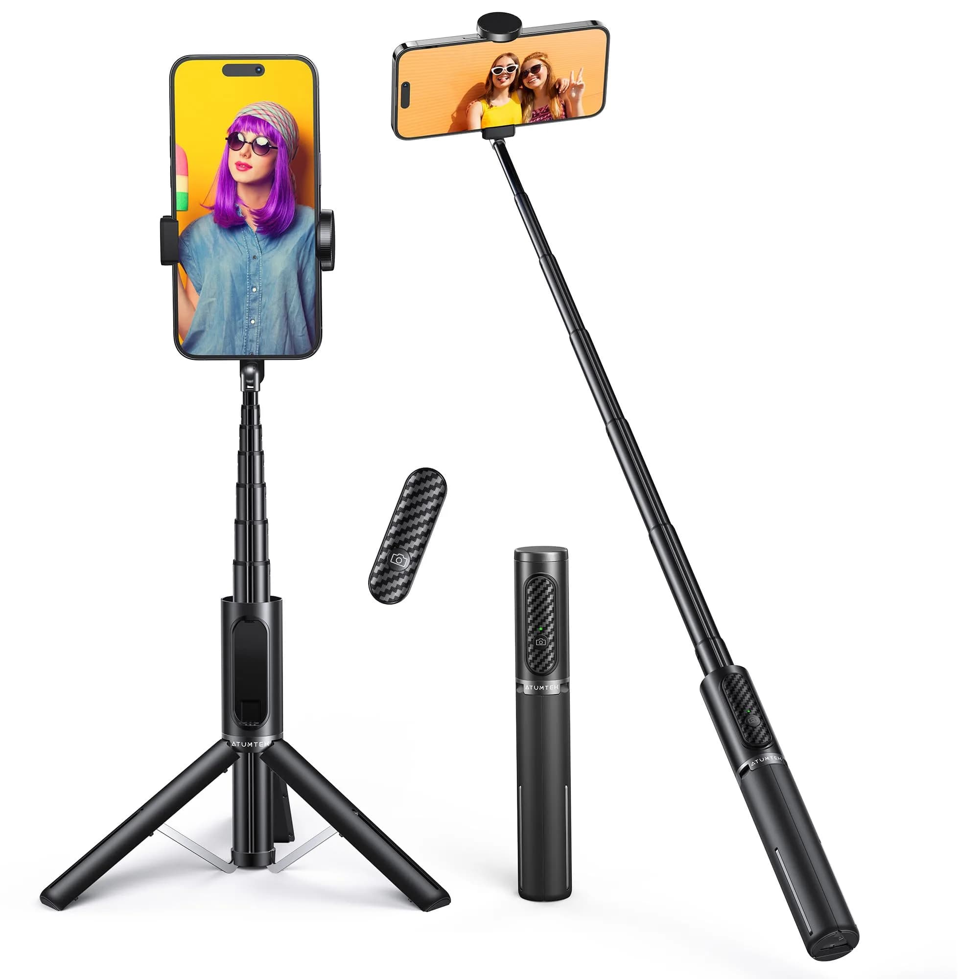 ATUMTEK Black Selfie Stick Tripod with Bluetooth Remote, Extendable Aluminum Phone Holder - main product image