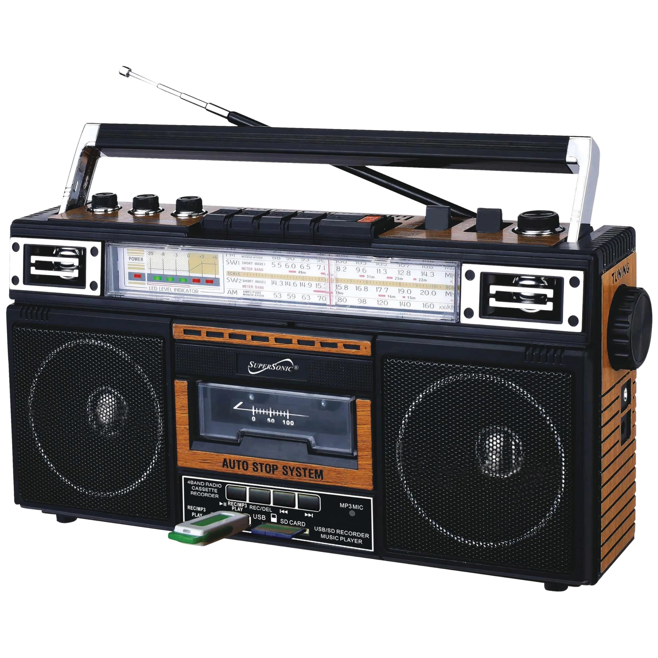 Supersonic SC-3201BT Retro Boombox with Bluetooth, Cassette Player & Radio | 4-Band AM/FM/SW, USB/SD MP3 Playback, 3-Band EQ - main product image