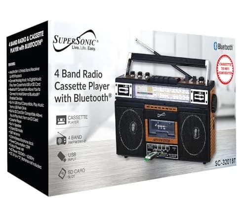 Supersonic SC-3201BT Retro Boombox with Bluetooth, Cassette Player & Radio | 4-Band AM/FM/SW, USB/SD MP3 Playback, 3-Band EQ thumbnail 4