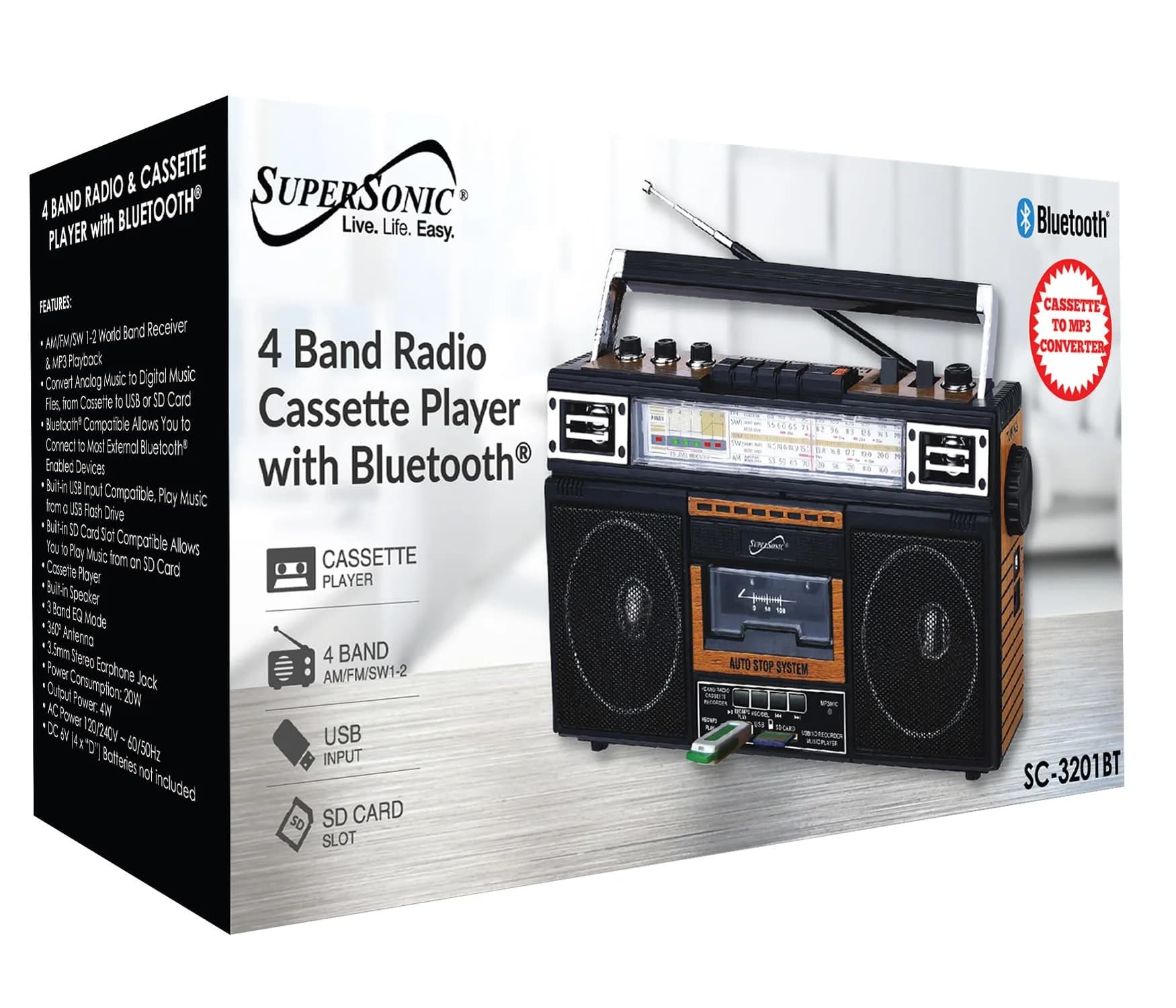 Supersonic SC-3201BT Retro Boombox with Bluetooth, Cassette Player & Radio | 4-Band AM/FM/SW, USB/SD MP3 Playback, 3-Band EQ - view 4
