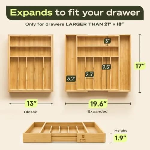 ROYAL CRAFT WOOD Silver Caddy Expandable Bamboo Kitchen Drawer Organizer, 9 Slot | Versatile Flatware & Utensil Storage (70-120c) thumbnail 2