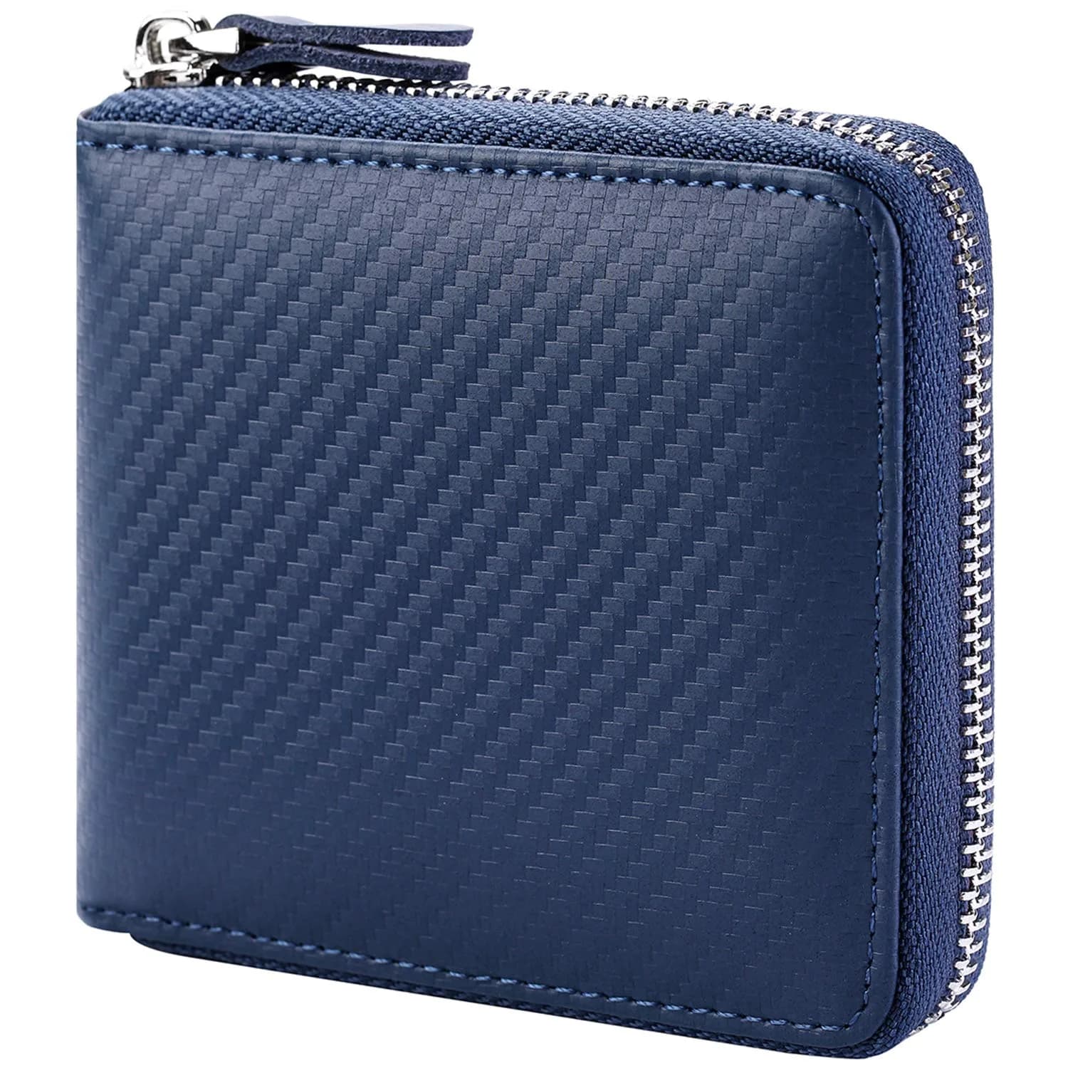 Huztencor Men's RFID Blocking Leather Bifold Wallet with Zipper ID Card Window | Crazy Horse Brown (11.5cm x 10.5cm x 2cm) — Carbon Fiber Blue