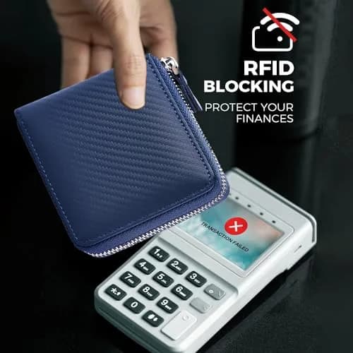Huztencor RFID Blocking Zipper Wallet for Men, Carbon Fiber Blue, 11.5cm (4.5") | Genuine Leather Bifold Card Holder Purse thumbnail 4