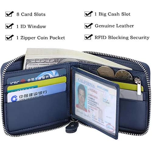 Huztencor RFID Blocking Zipper Wallet for Men, Carbon Fiber Blue, 11.5cm (4.5") | Genuine Leather Bifold Card Holder Purse thumbnail 5