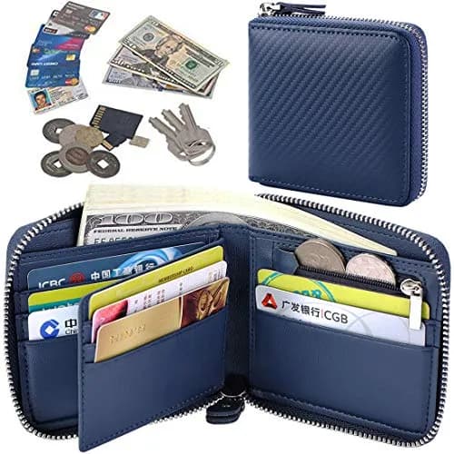 Huztencor RFID Blocking Zipper Wallet for Men, Carbon Fiber Blue, 11.5cm (4.5") | Genuine Leather Bifold Card Holder Purse thumbnail 6