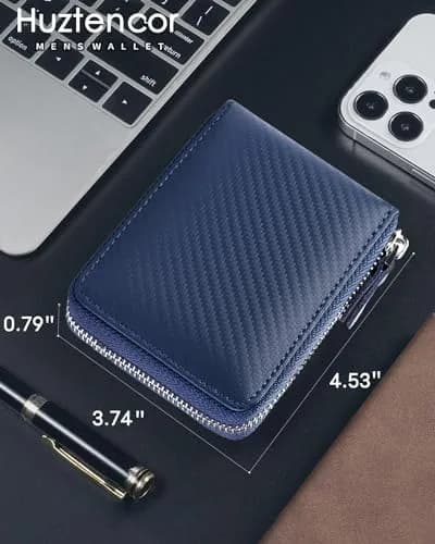 Huztencor RFID Blocking Zipper Wallet for Men, Carbon Fiber Blue, 11.5cm (4.5") | Genuine Leather Bifold Card Holder Purse thumbnail 3