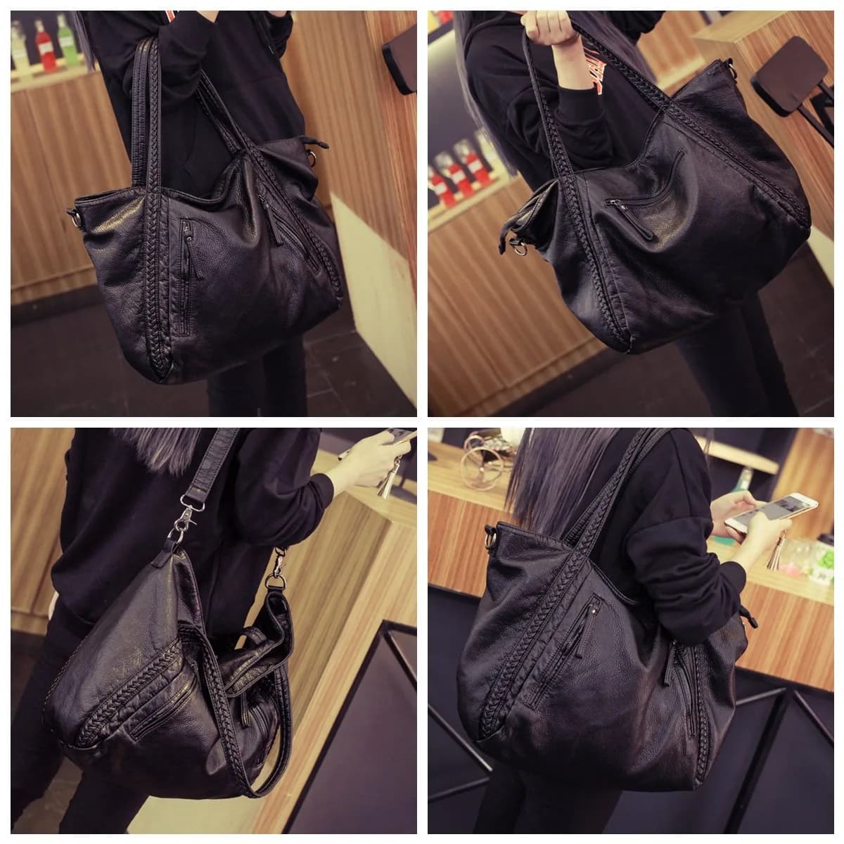 Mn&Sue Vegan Leather Hobo Bag for Women, Medium | Slouchy Shoulder Handbag with Braided Handle - view 2