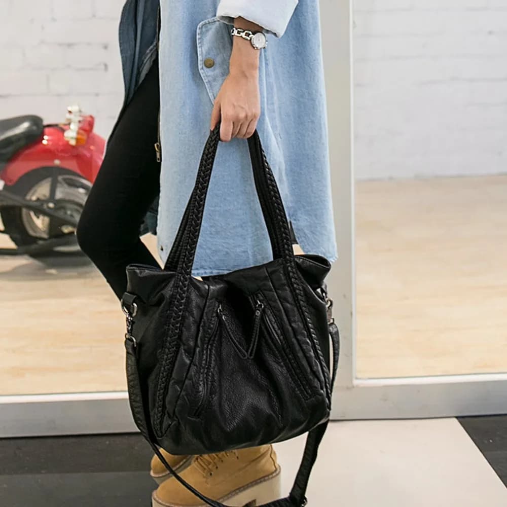 Mn&Sue Vegan Leather Hobo Bag for Women, Medium | Slouchy Shoulder Handbag with Braided Handle - view 3