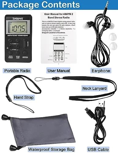 ZHIWHIS Portable Radio AM FM Rechargeable Battery Pocket Walkman with Lock & Earphone, 64-108MHz FM, 520-1710KHz AM, 500mAh, Black thumbnail 6