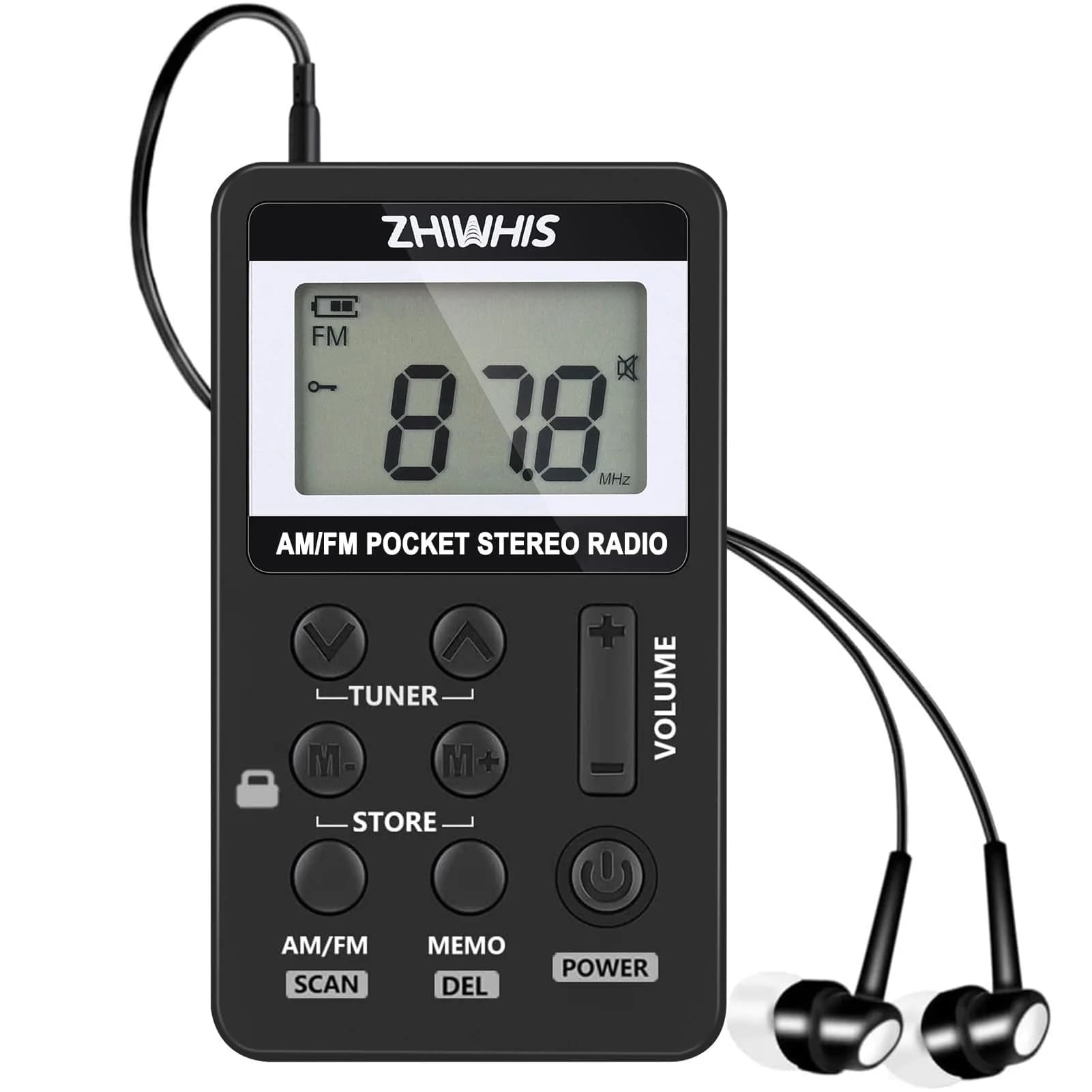 ZHIWHIS Portable Radio AM FM Rechargeable Battery Pocket Walkman with Lock & Earphone, 64-108MHz FM, 520-1710KHz AM, 500mAh, Black