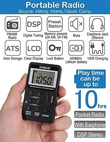 ZHIWHIS Portable Radio AM FM Rechargeable Battery Pocket Walkman with Lock & Earphone, 64-108MHz FM, 520-1710KHz AM, 500mAh, Black thumbnail 2