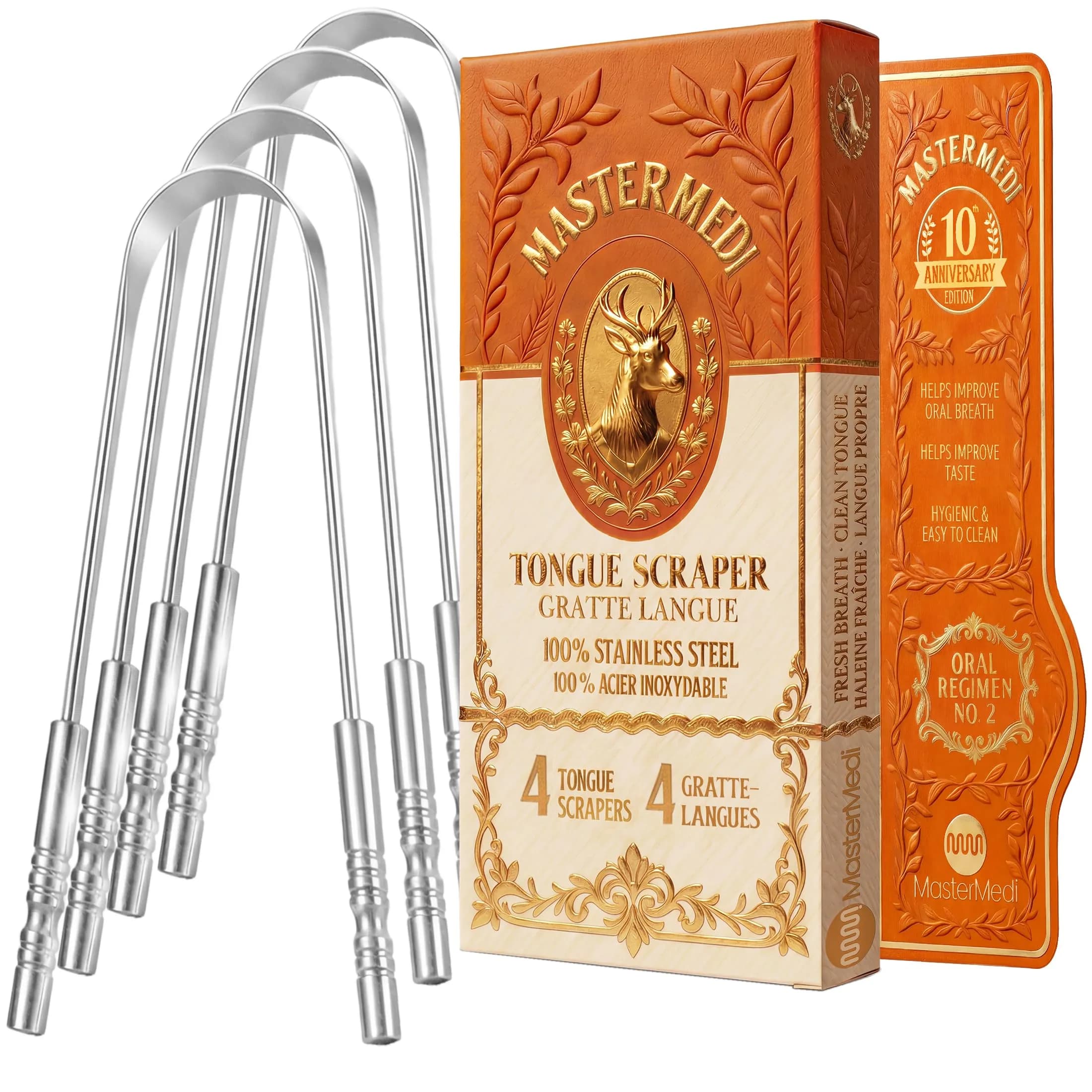 mastermedi Stainless Steel Tongue Scraper Family Pack (4 pcs) | Removes Bad Breath, Enhances Taste