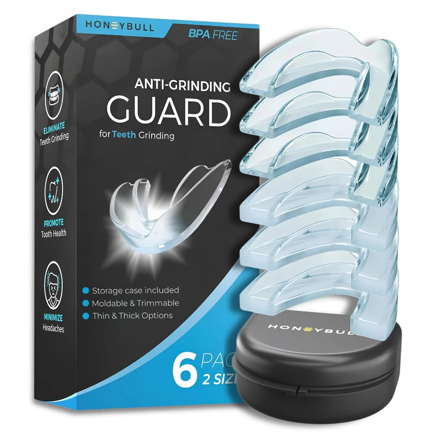 HONEYBULL Custom Moldable Night Guards 6 Pack (3mm & 6mm) | Boil and Bite for Teeth Grinding Protection - main product image