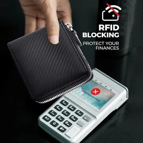 Huztencor RFID Blocking Leather Zipper Wallet for Men | Carbon Fiber Black, 11.5cm x 10.5cm x 2cm (4.5" x 4.1" x 0.8") thumbnail 4