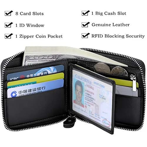 Huztencor RFID Blocking Leather Zipper Wallet for Men | Carbon Fiber Black, 11.5cm x 10.5cm x 2cm (4.5" x 4.1" x 0.8") thumbnail 5
