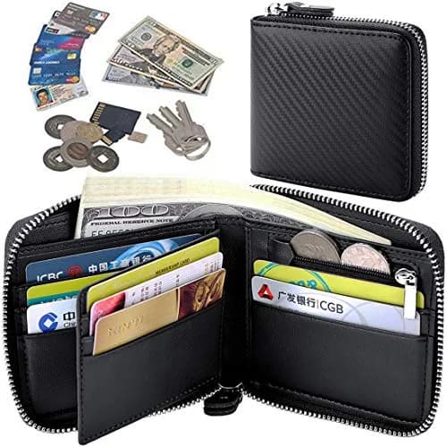 Huztencor RFID Blocking Leather Zipper Wallet for Men | Carbon Fiber Black, 11.5cm x 10.5cm x 2cm (4.5" x 4.1" x 0.8") thumbnail 6