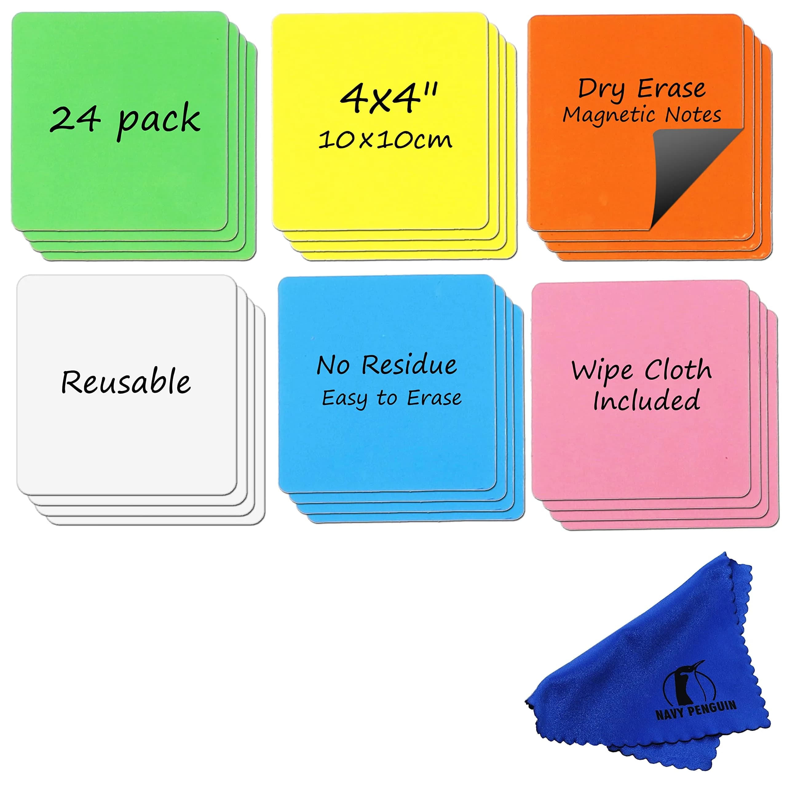 Navy Penguin Dry Erase Magnets 24 Pack 4x4 in | Reusable Magnetic Notes for Whiteboard & Fridge — Multicolor