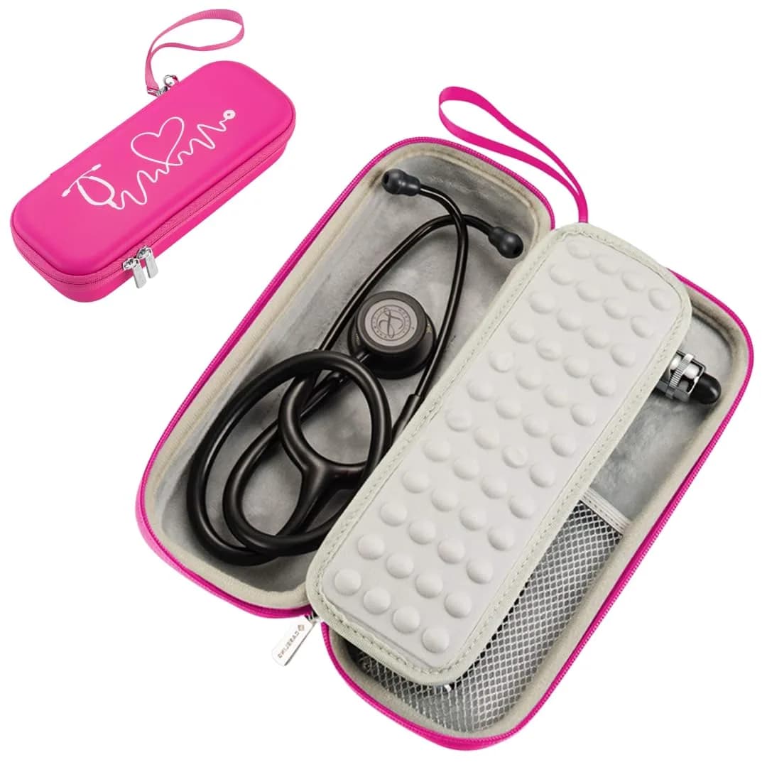 caseling Pink Stethoscope Case with ID Slot & Pockets | Fits 3M Littmann Classic III, Lightweight II S.E, MDF Acoustica | Hard EVA Holder for Nurses (10.8" L x 4.1" W x 2.4" H) — Pink - Pu Leather