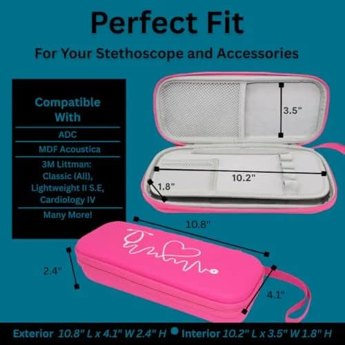 caseling Pink Stethoscope Case with ID Slot & Pockets | Fits 3M Littmann Classic III, Lightweight II S.E, MDF Acoustica | Hard EVA Holder for Nurses (10.8" L x 4.1" W x 2.4" H) thumbnail 3