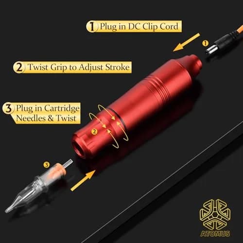 ATOMUS Rotary Tattoo Machine Pen Style Cartridge Machine Gun Liner Shader with DC Cord 9000r/m Motor Zinc Alloy Tattoo Machine Kit for Body Art Tattoo (Red) thumbnail 6