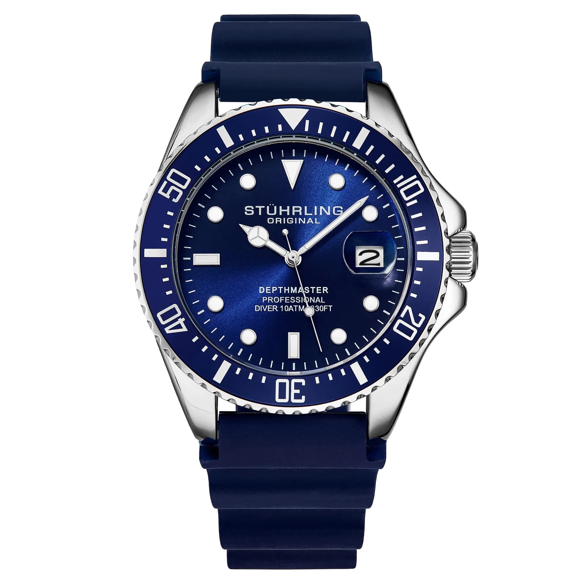 Stuhrling Original Men’s Dive Watch 42mm Stainless Steel | Water Resistant to 100M, Japanese Quartz, Rubber Strap — Blue