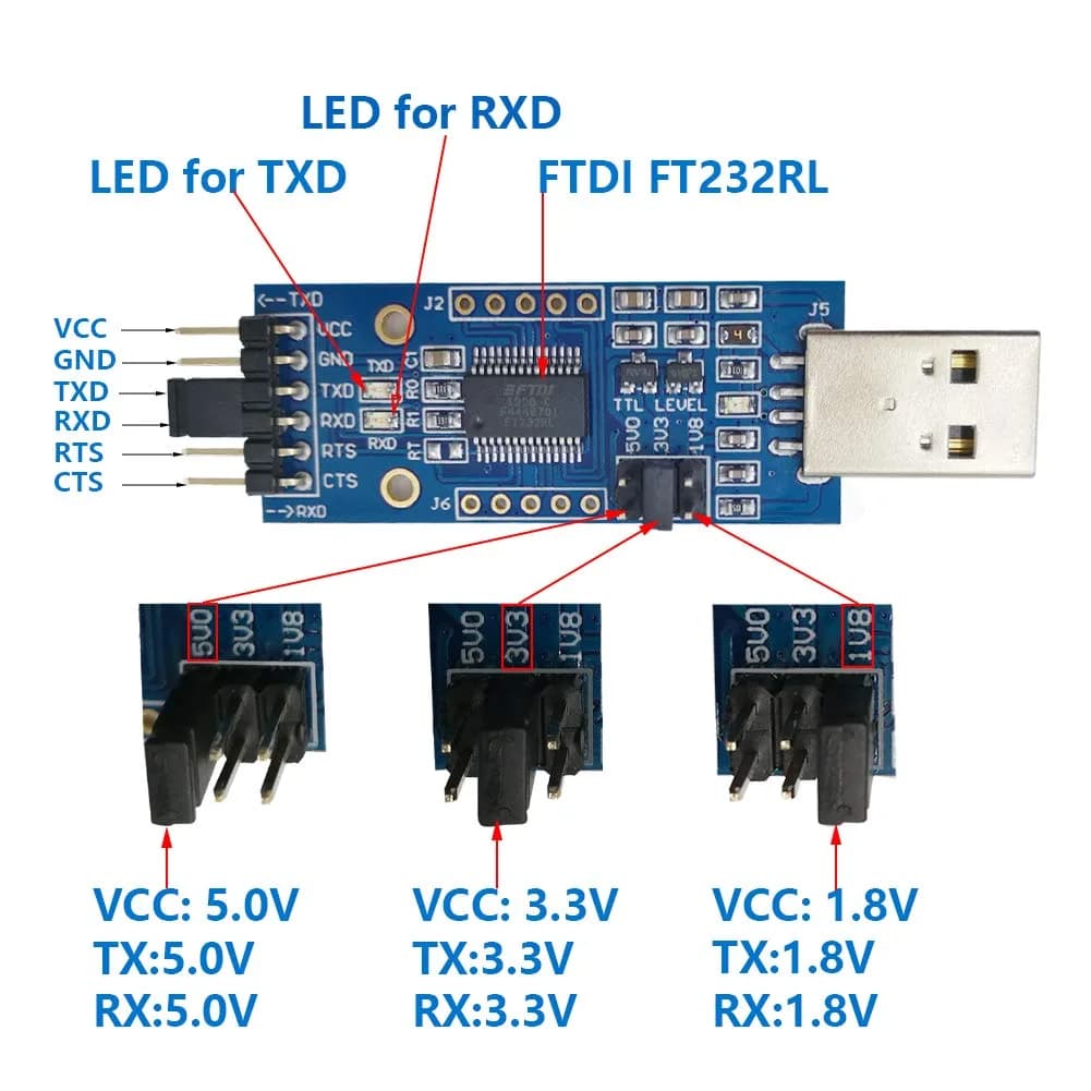 DSD TECH SH-U09C2 USB to TTL Adapter with FTDI FT232RL IC, 1.8V/3.3V/5V Logic Levels | Debugging and Programming - view 2