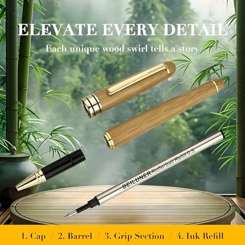 BEILUNER Wooden Rollerball Pen Writing Set Bamboo with Gold Finish | Elegant Vintage Craftsmanship thumbnail 6