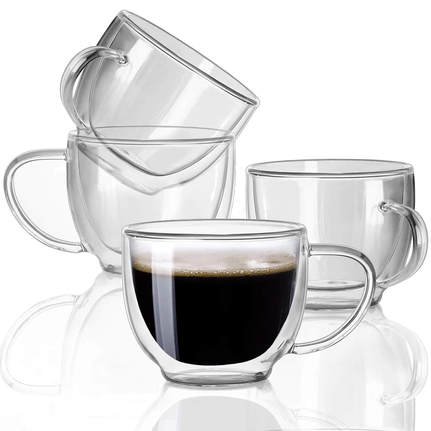 BNUNWISH Double Wall Glass Expresso Coffee Mugs Set Of 4 (7 OZ / 200 ML) Insulated Clear Cappuccino Cups