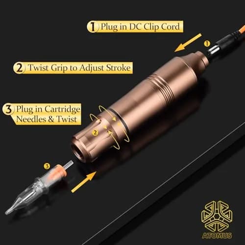 ATOMUS Rotary Tattoo Machine Pen Style, Champagne Zinc Alloy, 9000 RPM | Liner Shader with DC Cord thumbnail 6