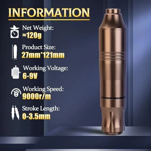 ATOMUS Rotary Tattoo Machine Pen Style, Champagne Zinc Alloy, 9000 RPM | Liner Shader with DC Cord thumbnail 2