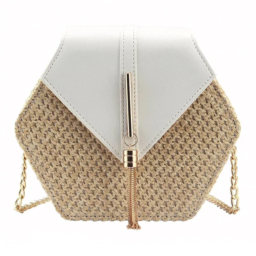 Bausweety Women's Crossbody Bag Cute Straw Shoulder Bag | PU Leather & Straw, 8"x2.8"x7"