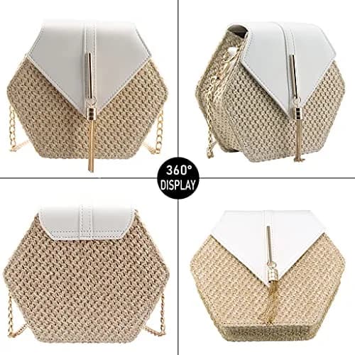 Bausweety Women's Crossbody Bag Cute Straw Shoulder Bag | PU Leather & Straw, 8"x2.8"x7" thumbnail 4