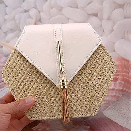 Bausweety Women's Crossbody Bag Cute Straw Shoulder Bag | PU Leather & Straw, 8"x2.8"x7" thumbnail 3