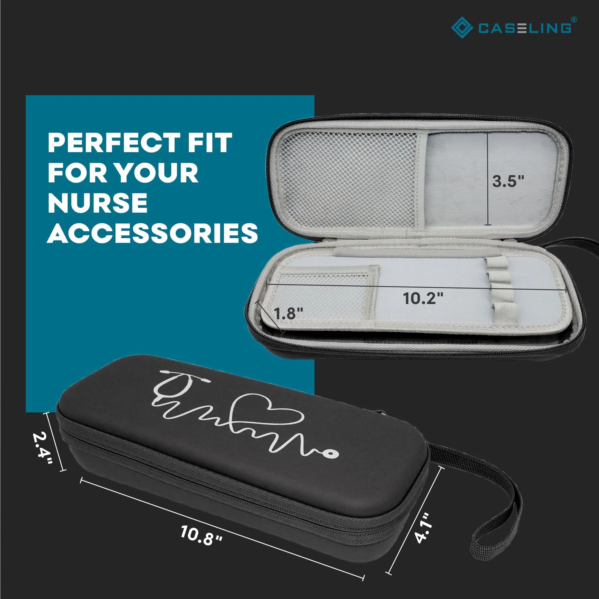 caseling Black PU Leather Stethoscope Case with ID Slot & Pockets | Fits 3M Littmann & MDF | Hard EVA Holder for Nurses - view 3