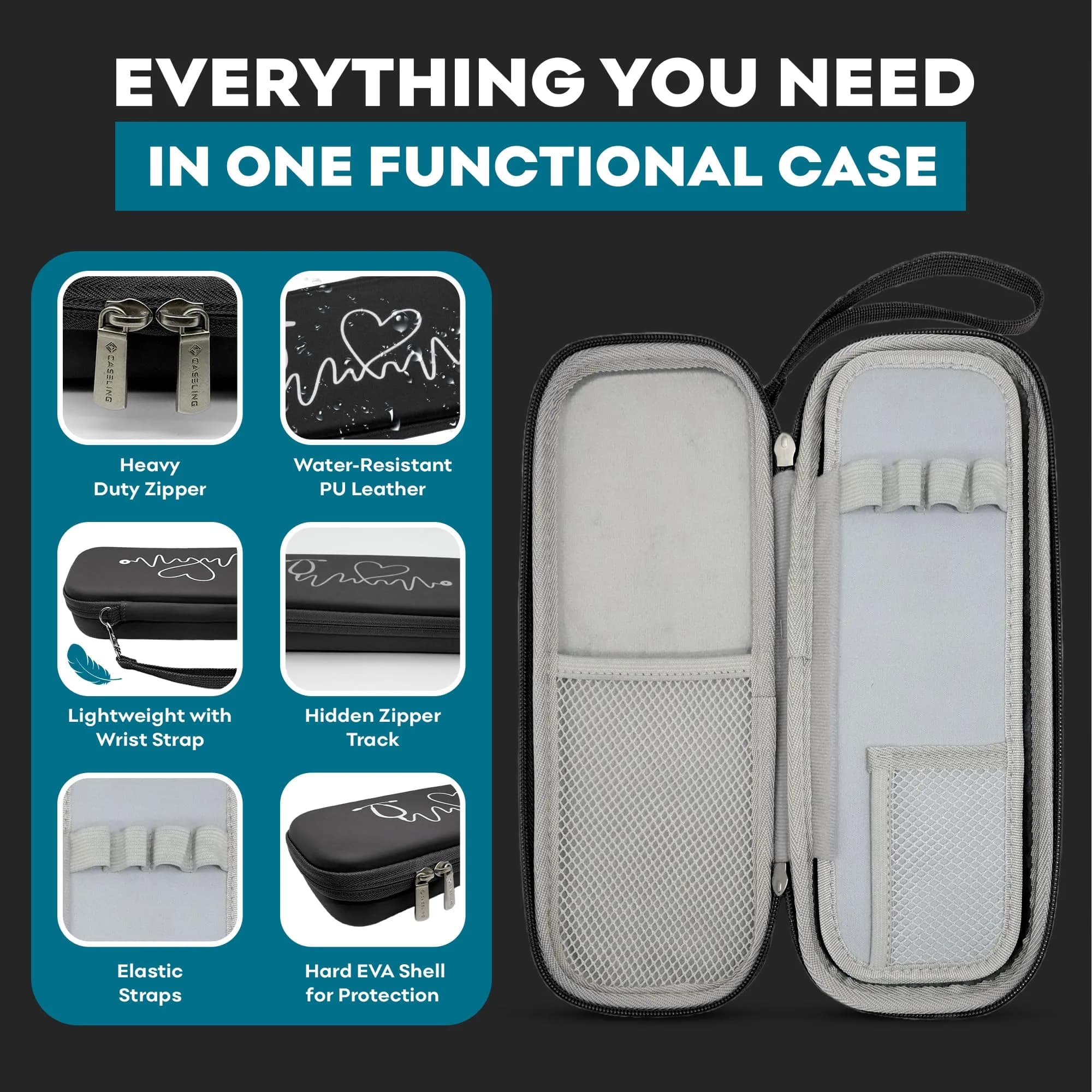 caseling Black PU Leather Stethoscope Case with ID Slot & Pockets | Fits 3M Littmann & MDF | Hard EVA Holder for Nurses - view 4