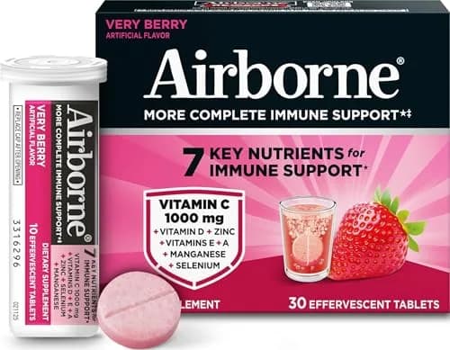 Airborne Immune Support Effervescent Tablets Zesty Orange 10 Count (10 Tablets) | 1000mg Vitamin C + Vitamins A, D, E, Zinc, Selenium, Manganese & Herbal Blend — Citrus + Verry Berry