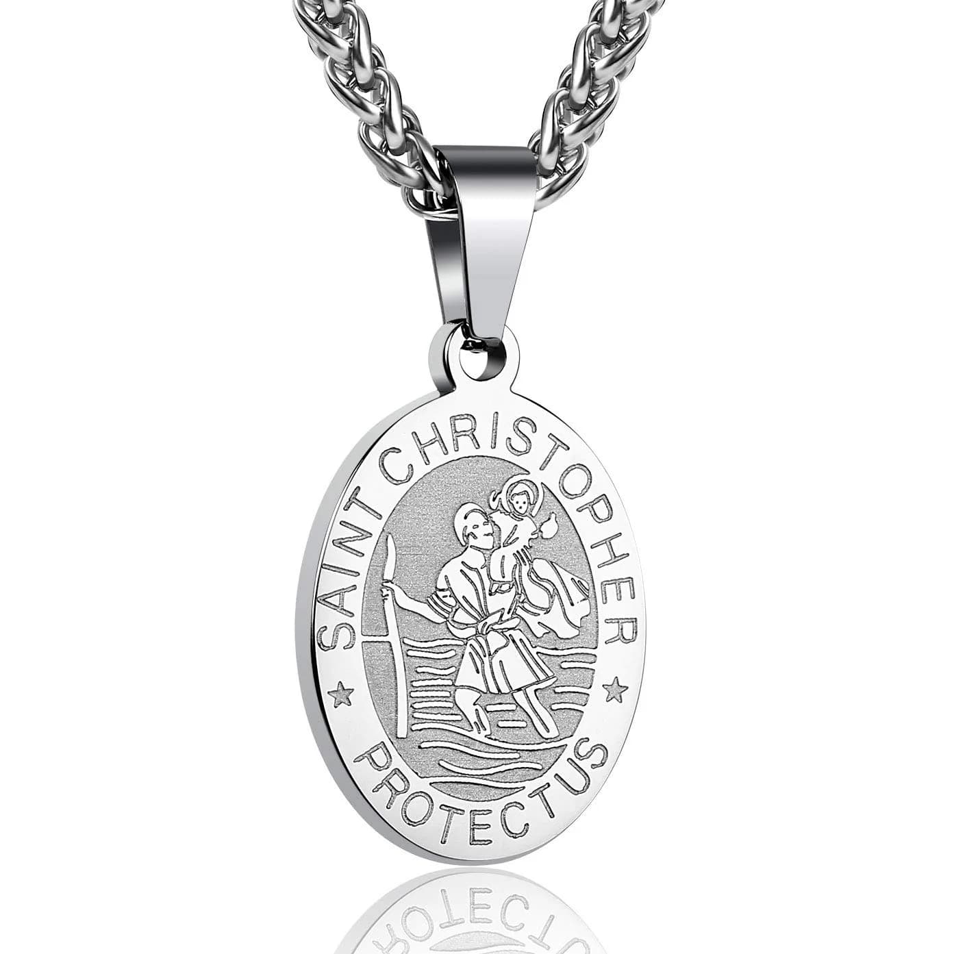 P. BLAKE Black Saint Michael Pendant Necklace with 24-inch Wheat Chain | Religious Medal Jewelry for Men — Silver / St.Christopher