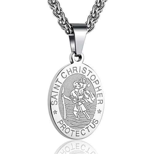 P. BLAKE Saint Christopher Medal Necklace for Men, Silver Stainless Steel Pendant Chain | Religious Travel Protection Jewelry thumbnail 1