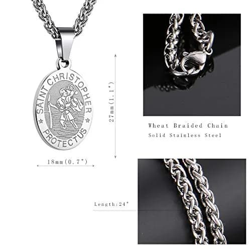 P. BLAKE Saint Christopher Medal Necklace for Men, Silver Stainless Steel Pendant Chain | Religious Travel Protection Jewelry thumbnail 5